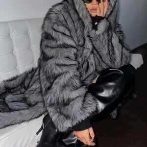 Dark Grey Fluffy Women's Plus Size Long Sleeve Hooded Furry Coat